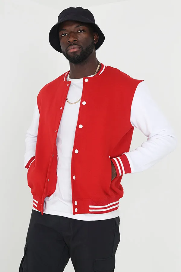 RED RIBBED TRIM POPPER FASTENED VARSITY JACKET