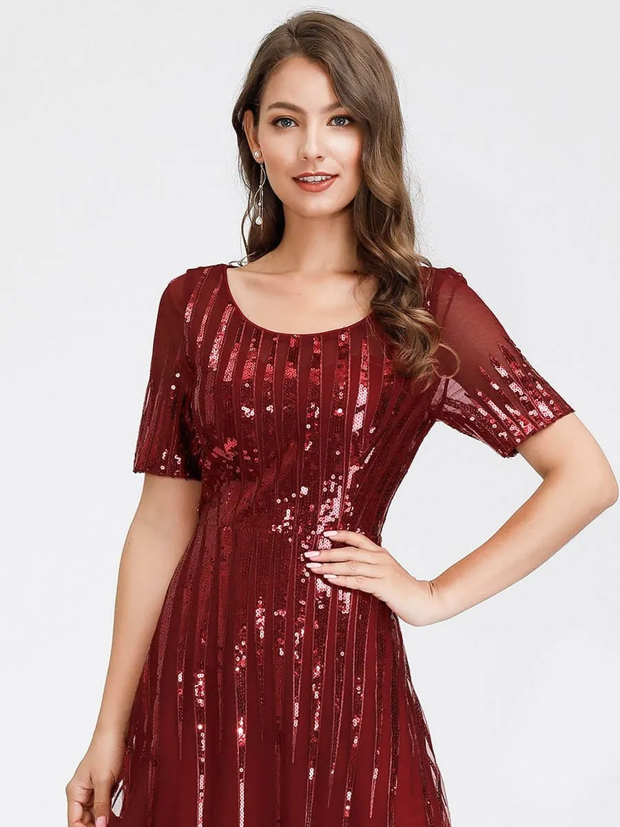 Round Neckline Floor Length Evening Dress with Short Sleeve