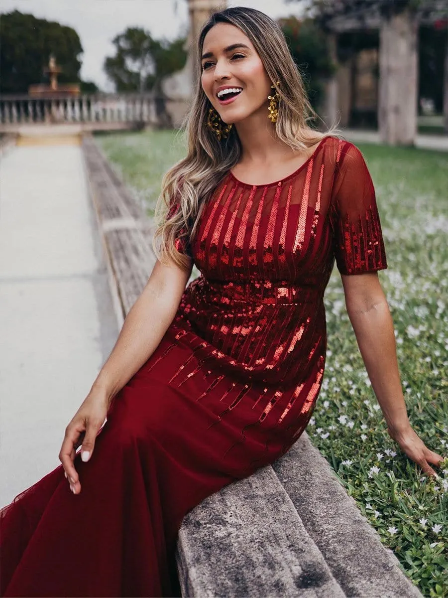 Round Neckline Floor Length Evening Dress with Short Sleeve