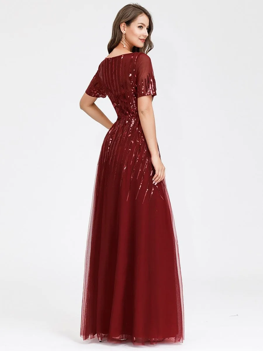 Round Neckline Floor Length Evening Dress with Short Sleeve