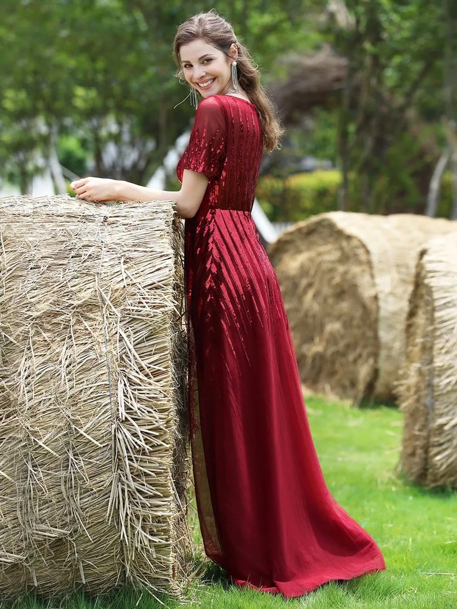 Round Neckline Floor Length Evening Dress with Short Sleeve