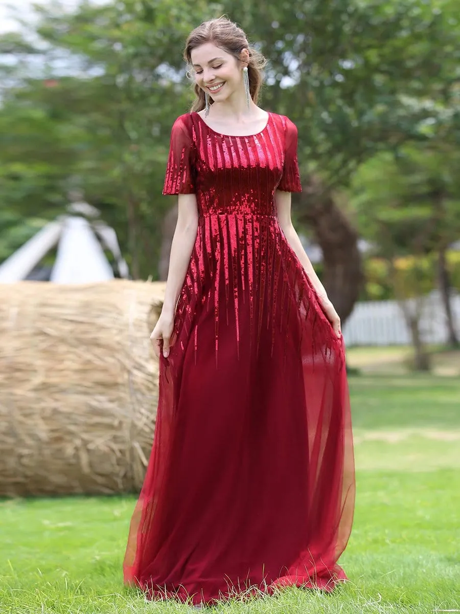 Round Neckline Floor Length Evening Dress with Short Sleeve