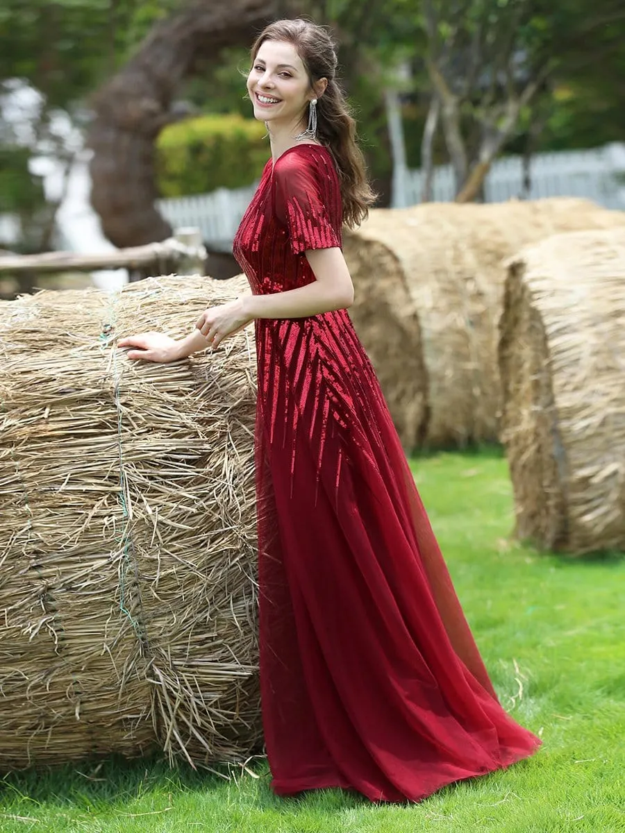 Round Neckline Floor Length Evening Dress with Short Sleeve