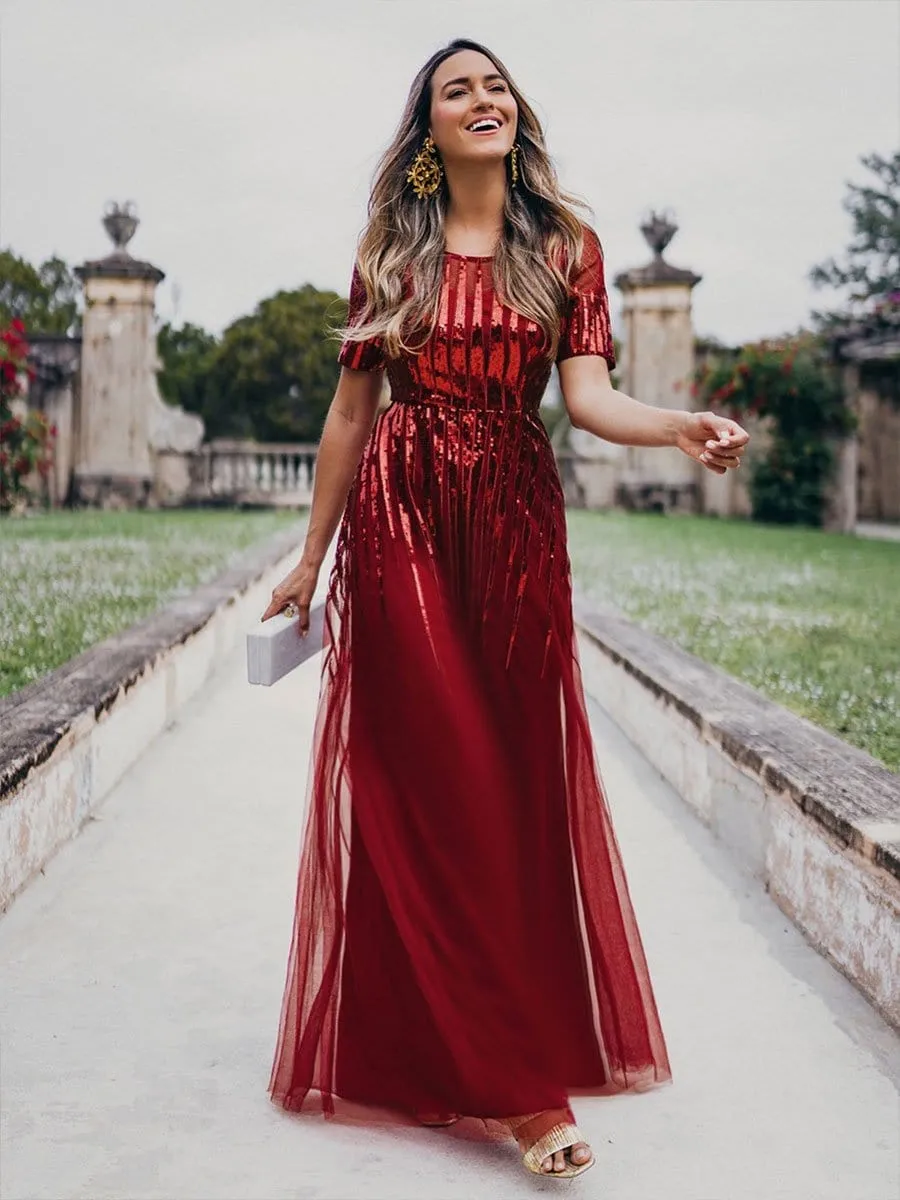Round Neckline Floor Length Evening Dress with Short Sleeve
