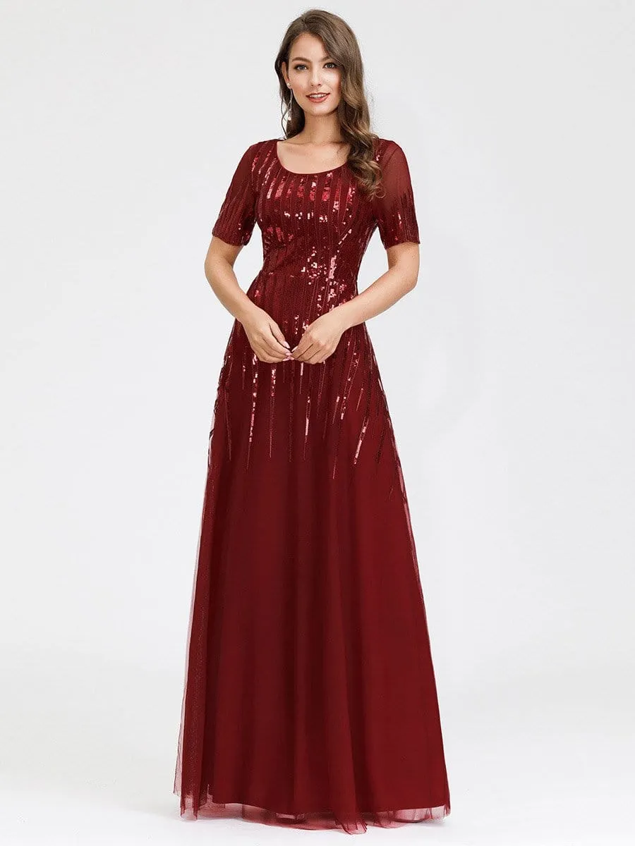 Round Neckline Floor Length Evening Dress with Short Sleeve