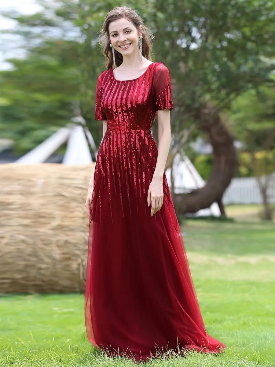 Round Neckline Floor Length Evening Dress with Short Sleeve