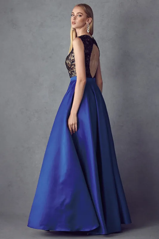 Sequin Bodice Cap Sleeves Satin Skirt Long Prom Dress