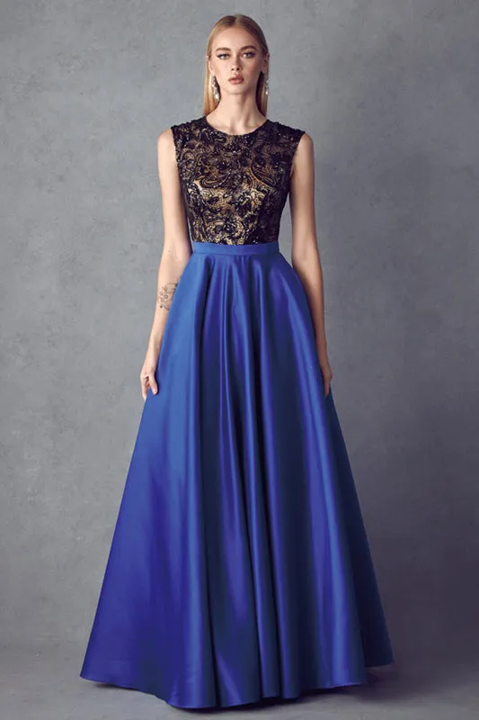 Sequin Bodice Cap Sleeves Satin Skirt Long Prom Dress
