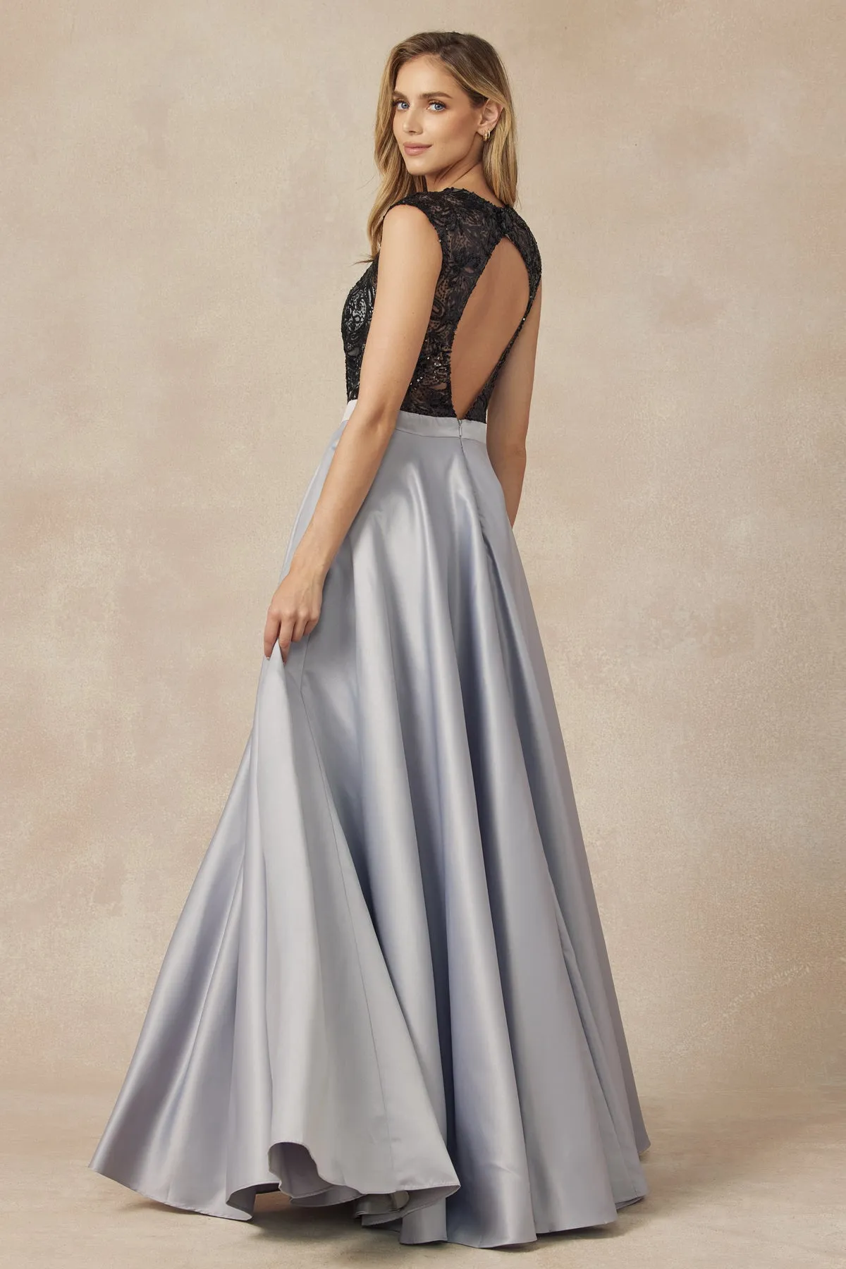 Sequin Bodice Cap Sleeves Satin Skirt Long Prom Dress