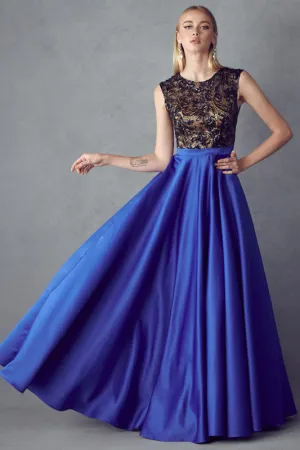 Sequin Bodice Cap Sleeves Satin Skirt Long Prom Dress