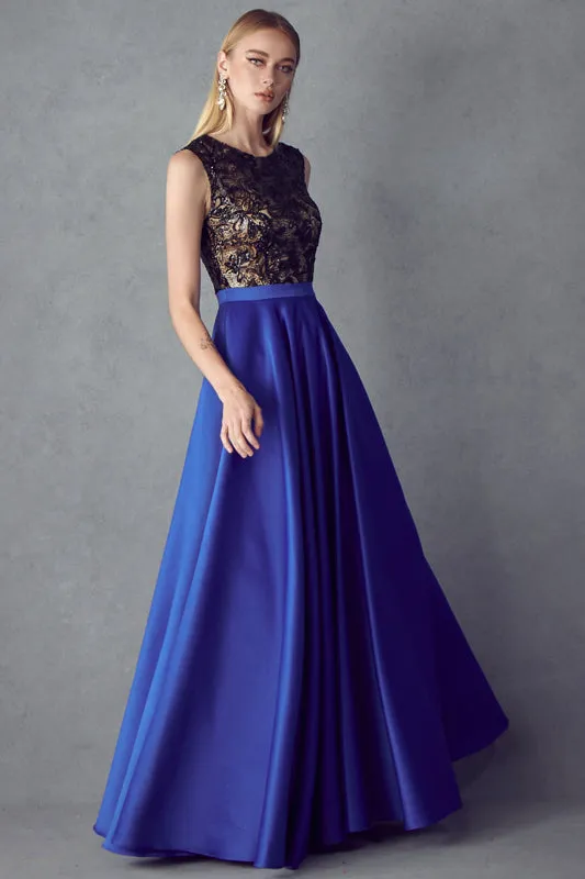 Sequin Bodice Cap Sleeves Satin Skirt Long Prom Dress