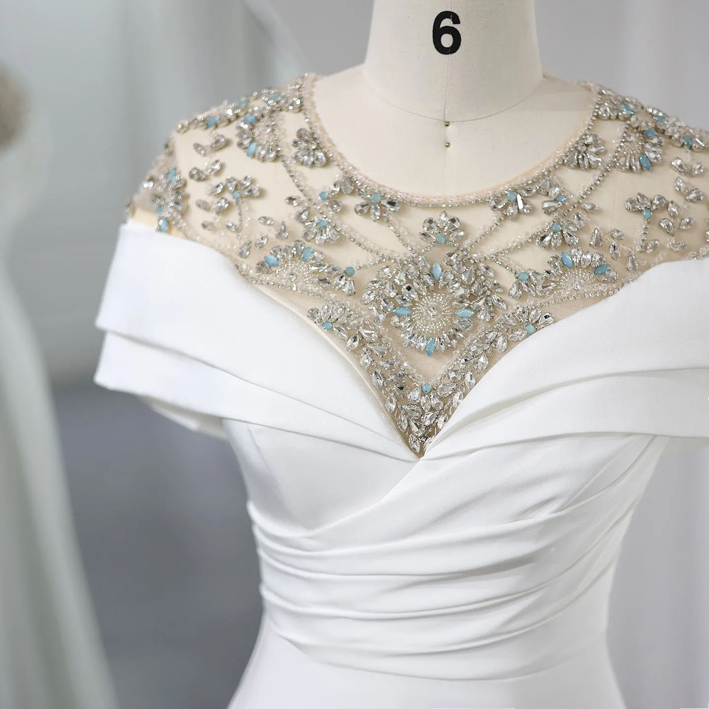 Sharon Said Elegant Cap Sleeve White Satin Evening Dresses for Wedding Luxury Arabic Beaded Women Long Formal Party Dress SS246