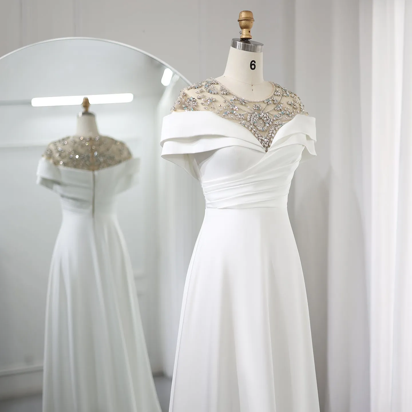 Sharon Said Elegant Cap Sleeve White Satin Evening Dresses for Wedding Luxury Arabic Beaded Women Long Formal Party Dress SS246