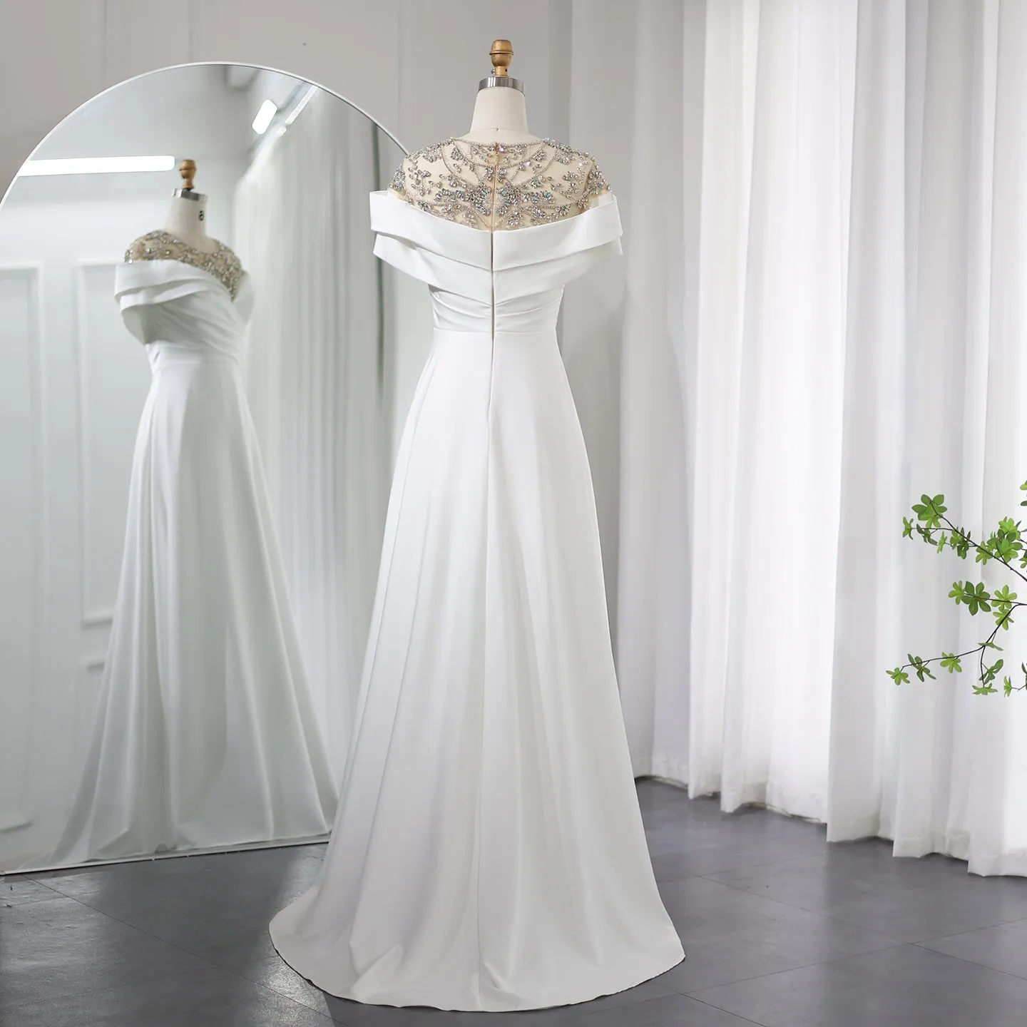 Sharon Said Elegant Cap Sleeve White Satin Evening Dresses for Wedding Luxury Arabic Beaded Women Long Formal Party Dress SS246