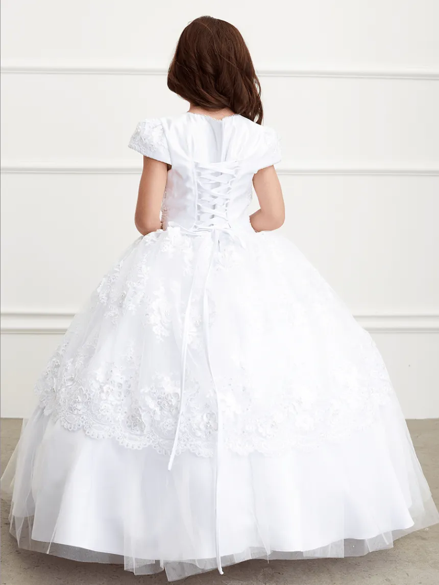 Sleeved Communion Lace Peplum Dress with Corset Back #TK1198 | Norma Reed