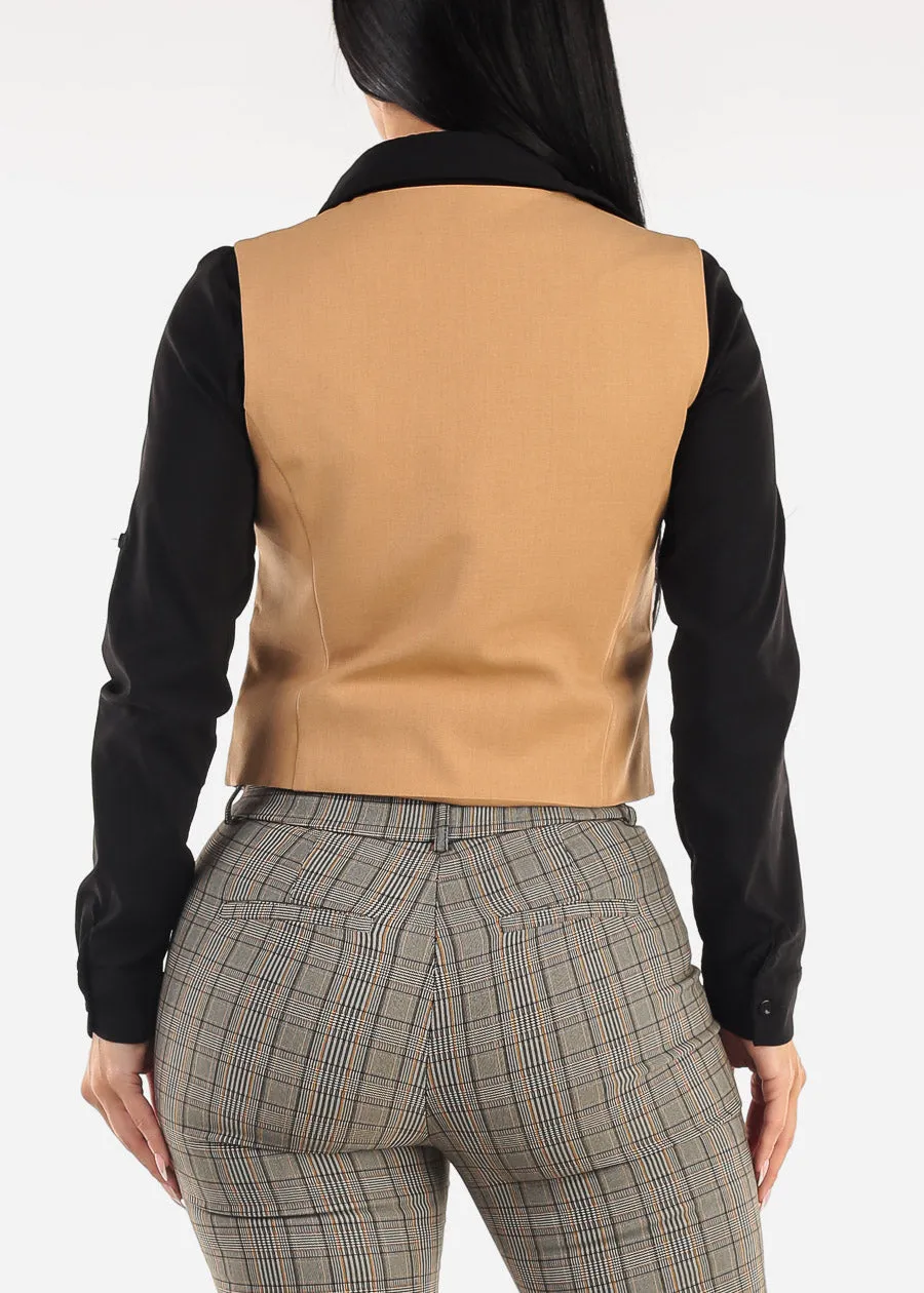 Sleeveless Button Up Twill Vest Khaki