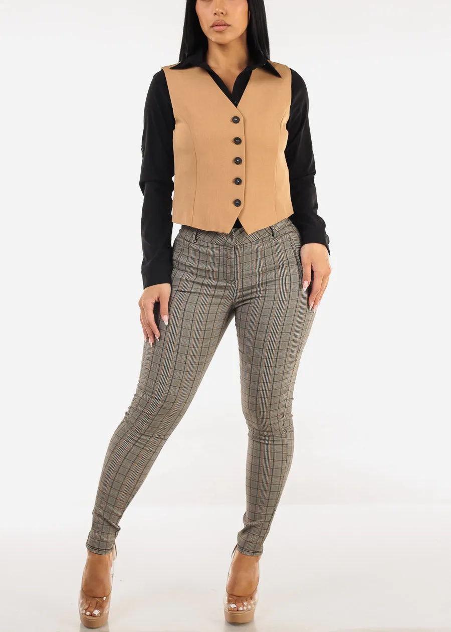 Sleeveless Button Up Twill Vest Khaki