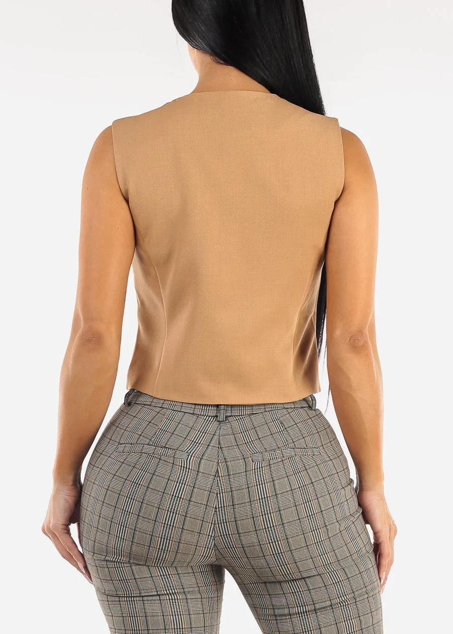 Sleeveless Button Up Twill Vest Khaki