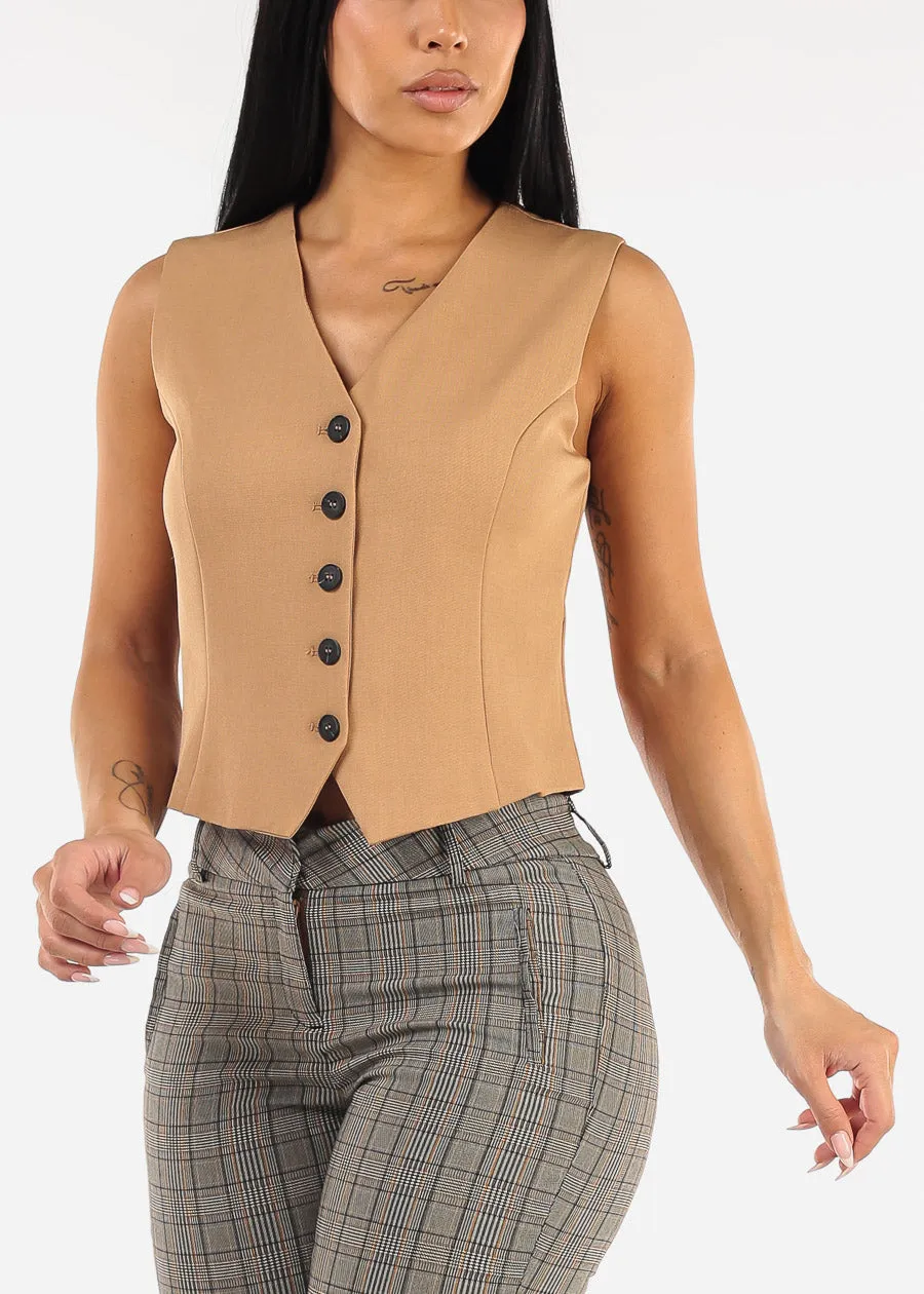 Sleeveless Button Up Twill Vest Khaki