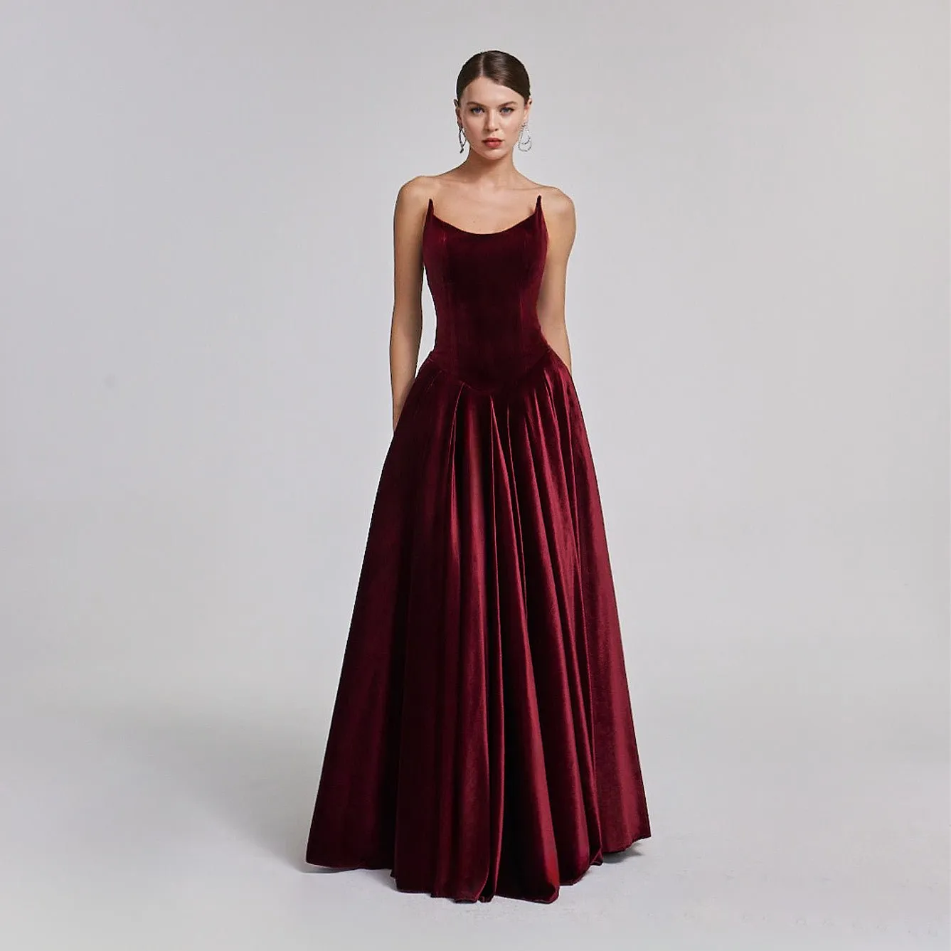 Strapless Burgundy Velvet Corset Gown
