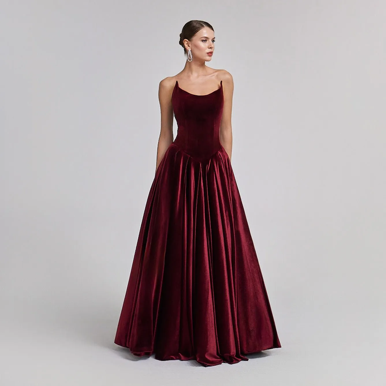 Strapless Burgundy Velvet Corset Gown
