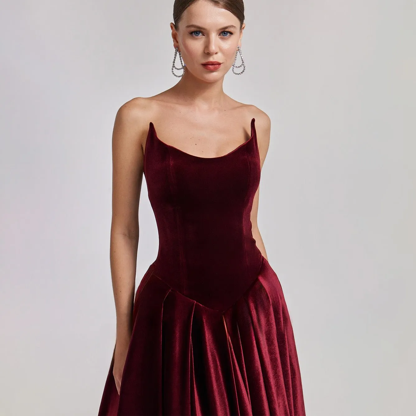 Strapless Burgundy Velvet Corset Gown