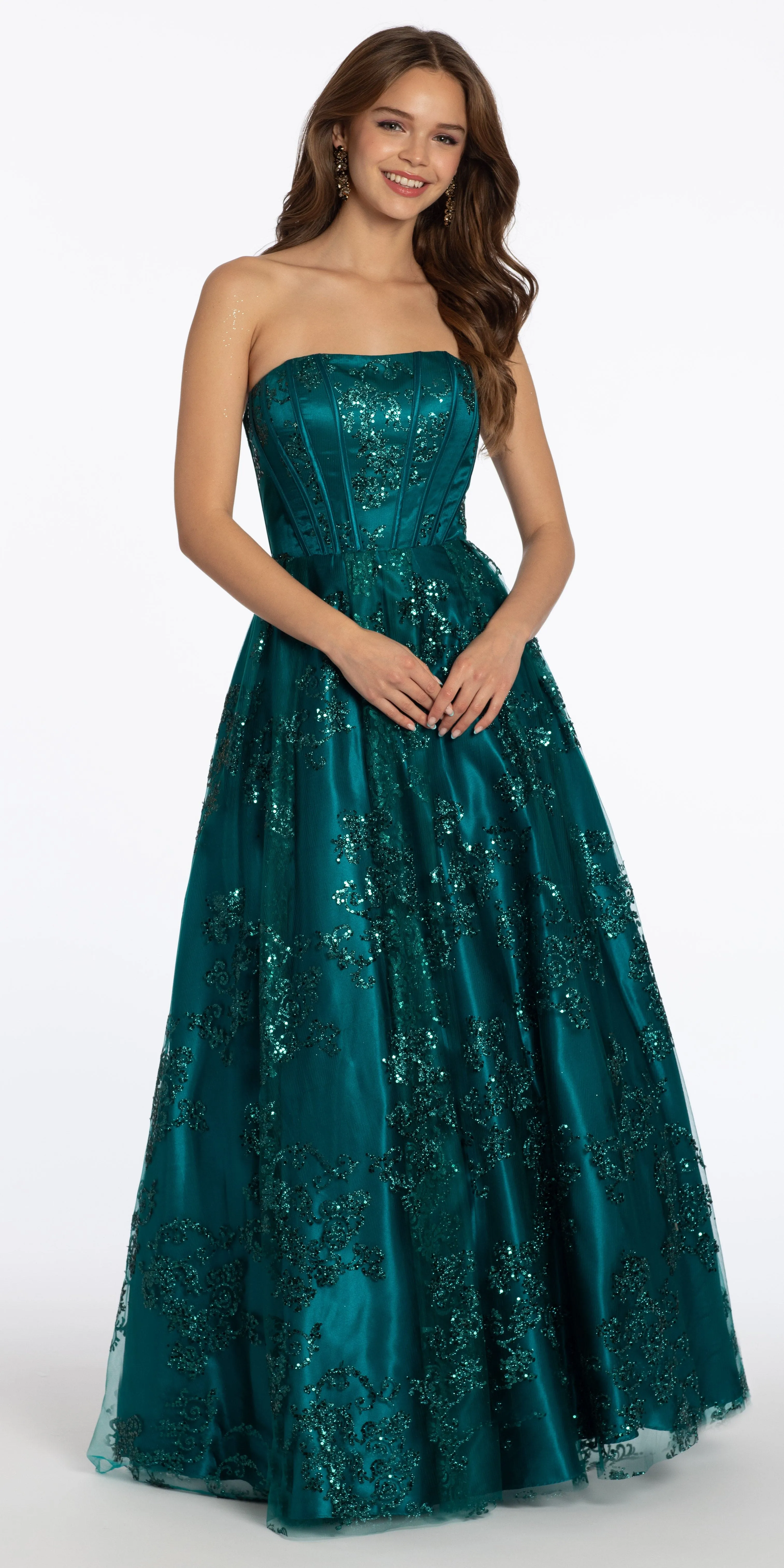 Strapless Glitter Mesh Corset Ballgown