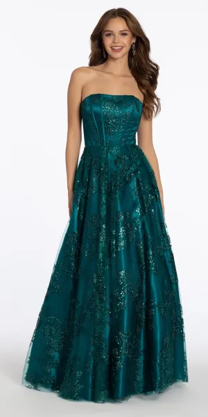 Strapless Glitter Mesh Corset Ballgown