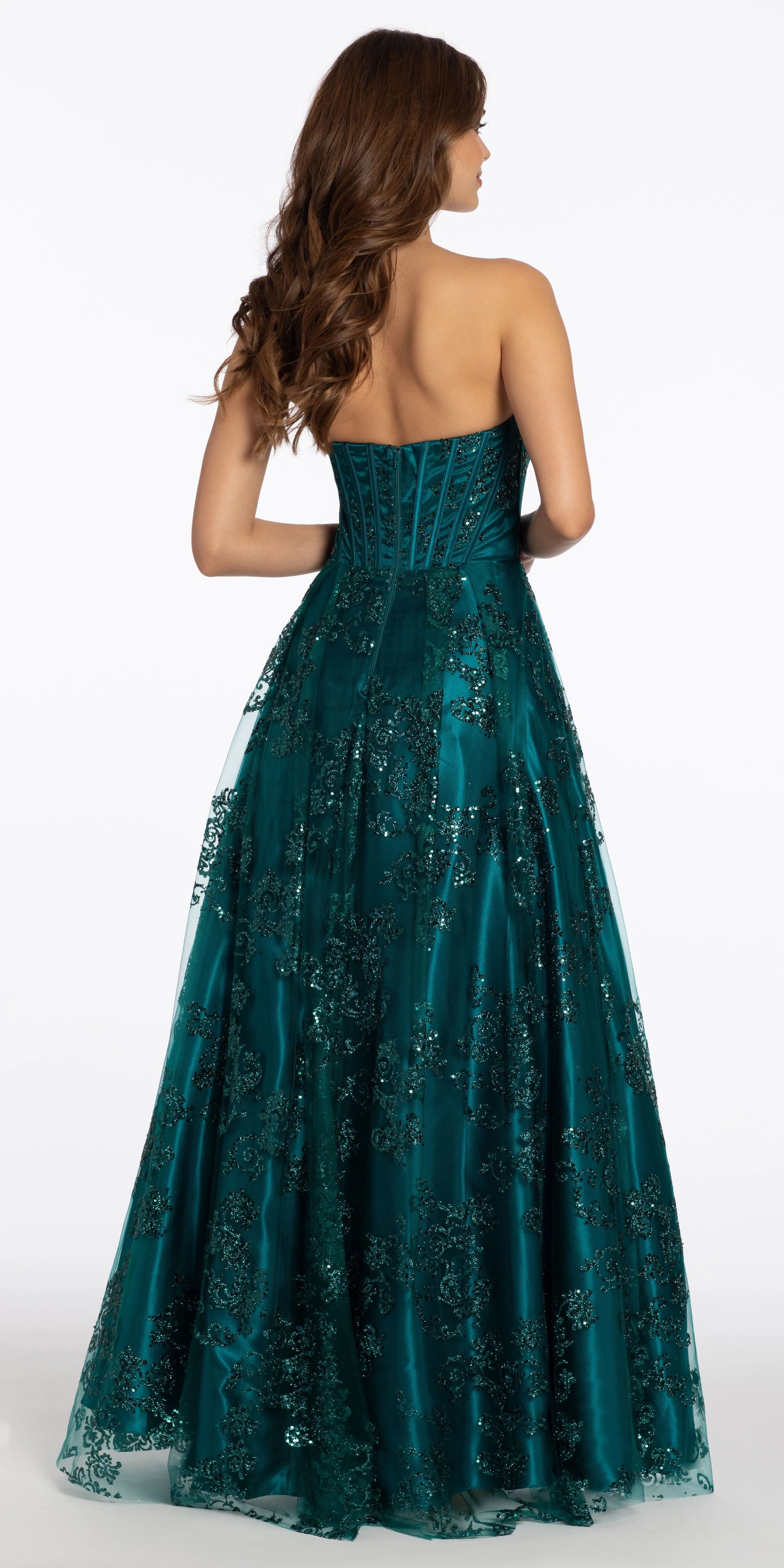 Strapless Glitter Mesh Corset Ballgown