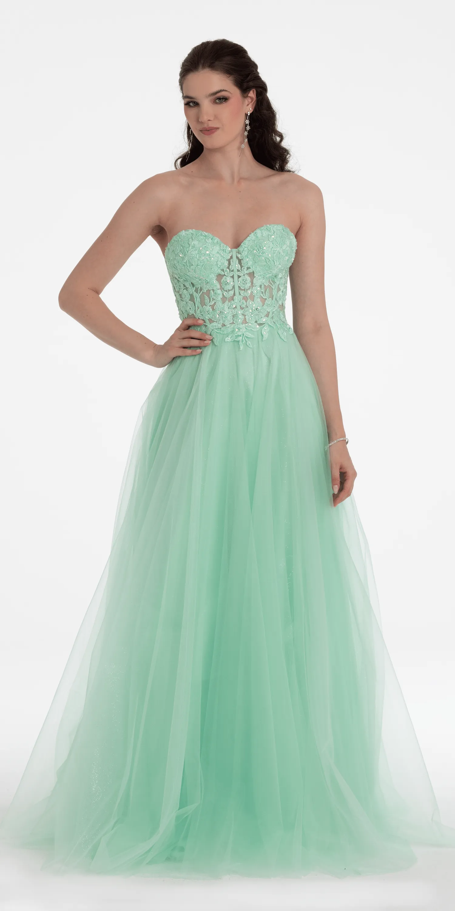 Sweetheart Embroidered Corset Glitter Mesh Ballgown