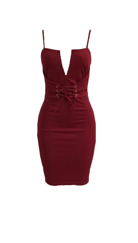 The Victoria Deep V Lace Up Corset Belt Midi Dress Burgundy