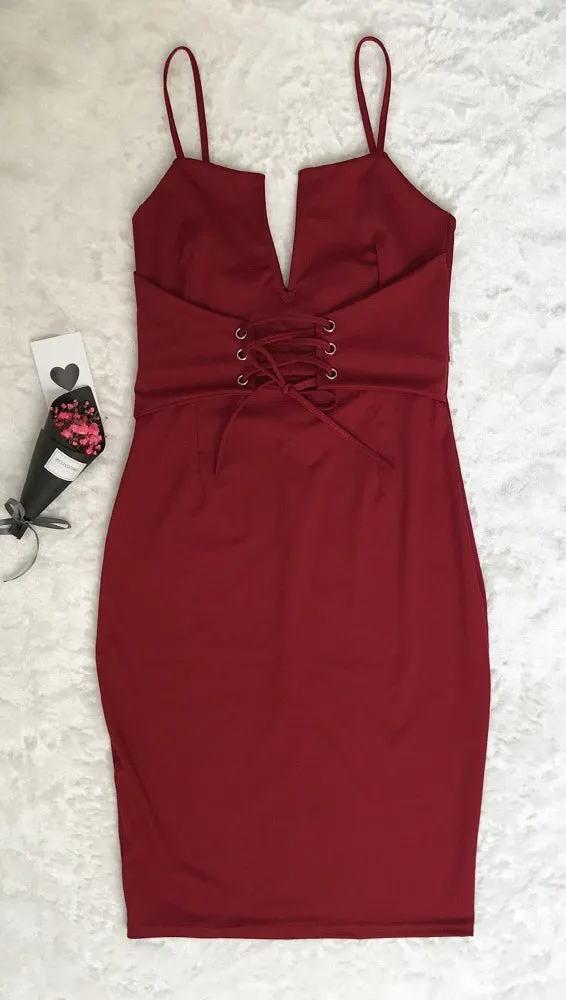 The Victoria Deep V Lace Up Corset Belt Midi Dress Burgundy