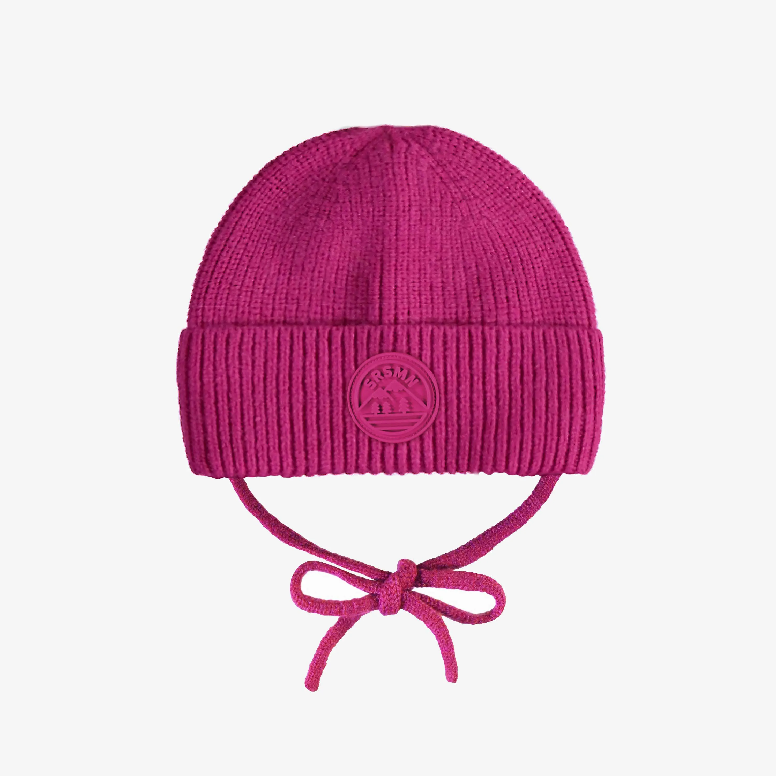 Tuque en tricot rose fuchsia avec cordons, bébé || Fuchsia pink knit toque with cords, baby