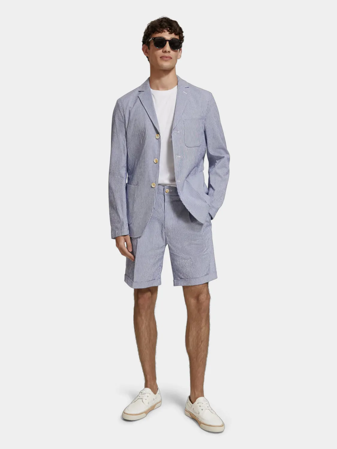 Unconstructed striped seersucker blazer