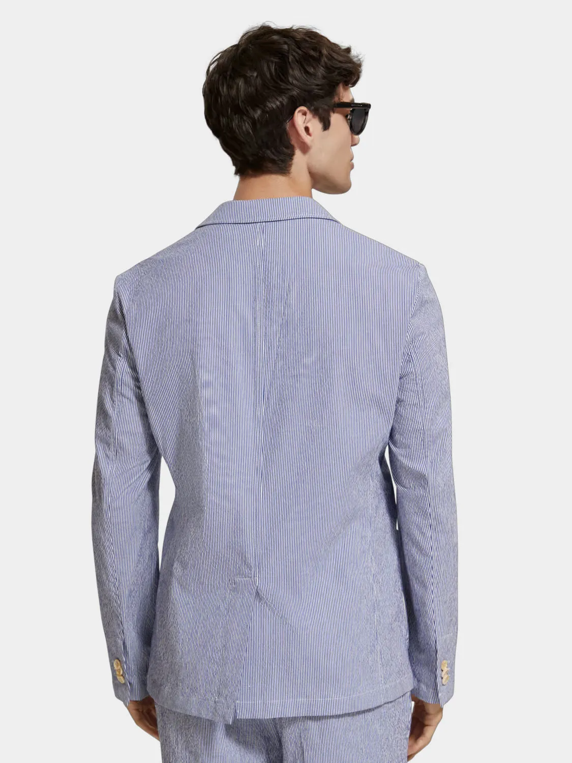 Unconstructed striped seersucker blazer