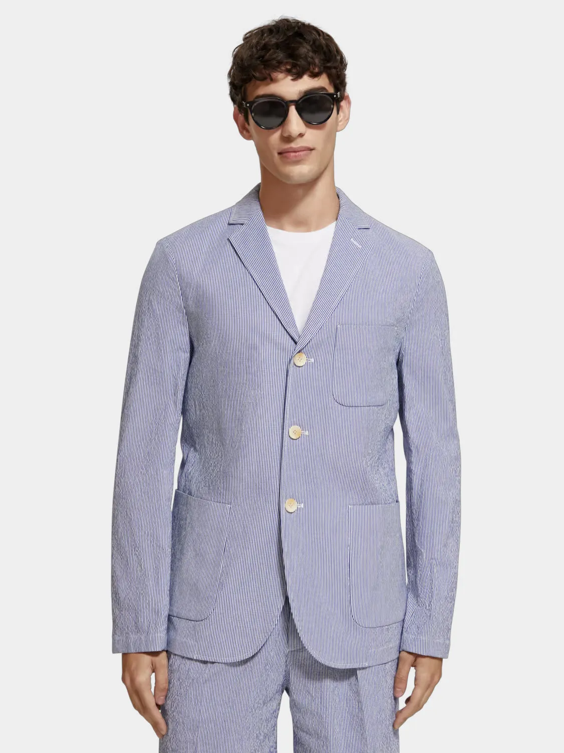 Unconstructed striped seersucker blazer