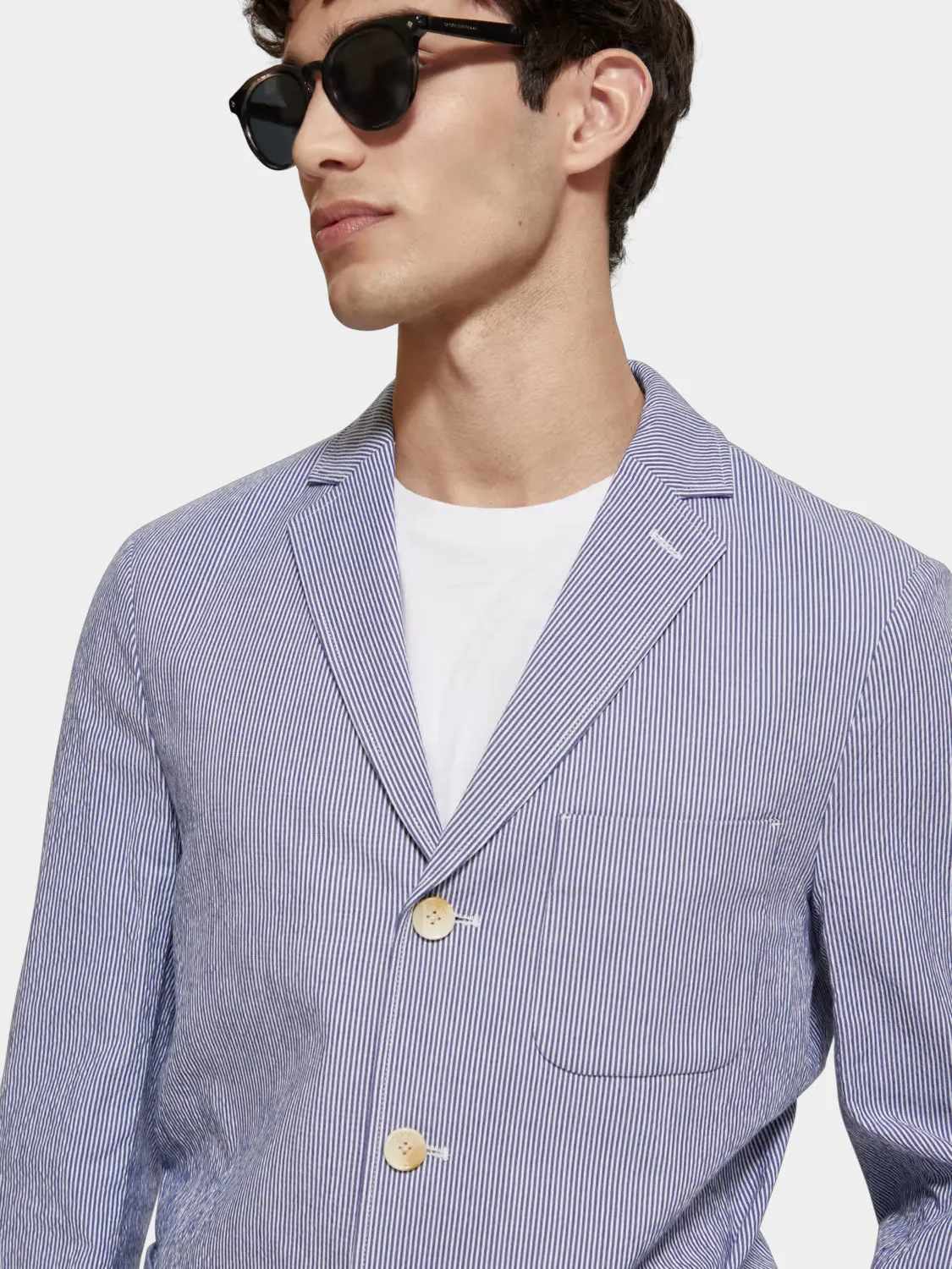 Unconstructed striped seersucker blazer