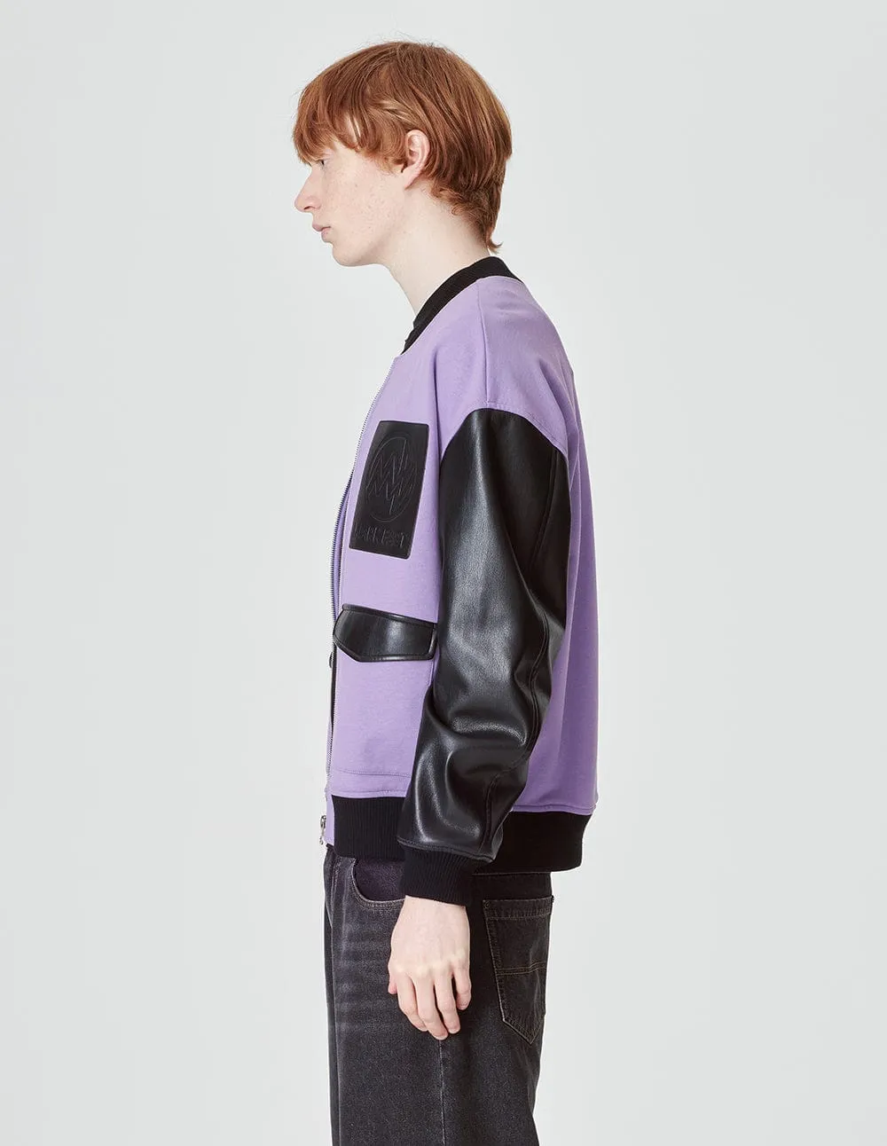 Unisex Purple Cotton And Leather Jacket