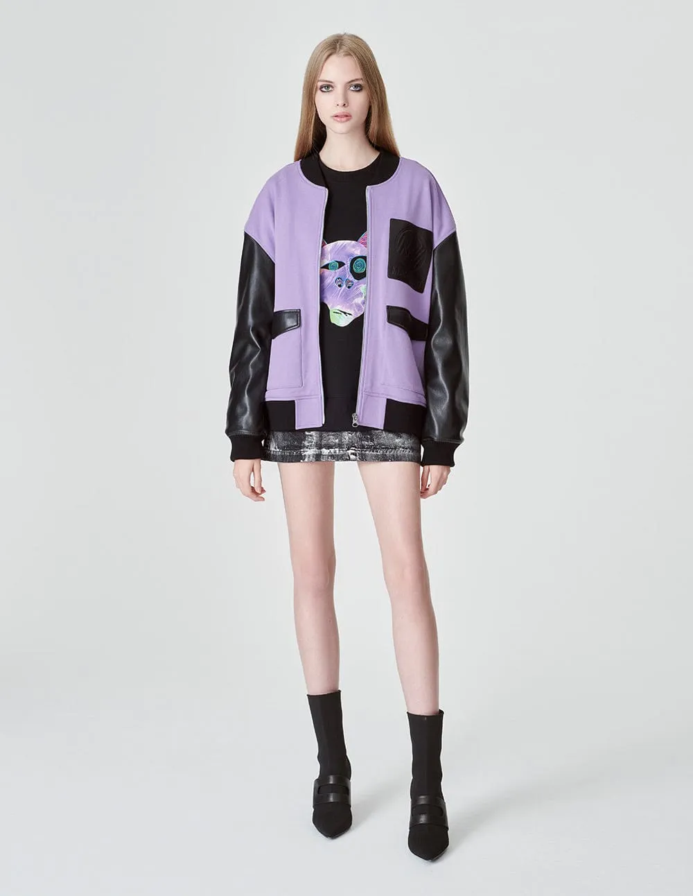 Unisex Purple Cotton And Leather Jacket