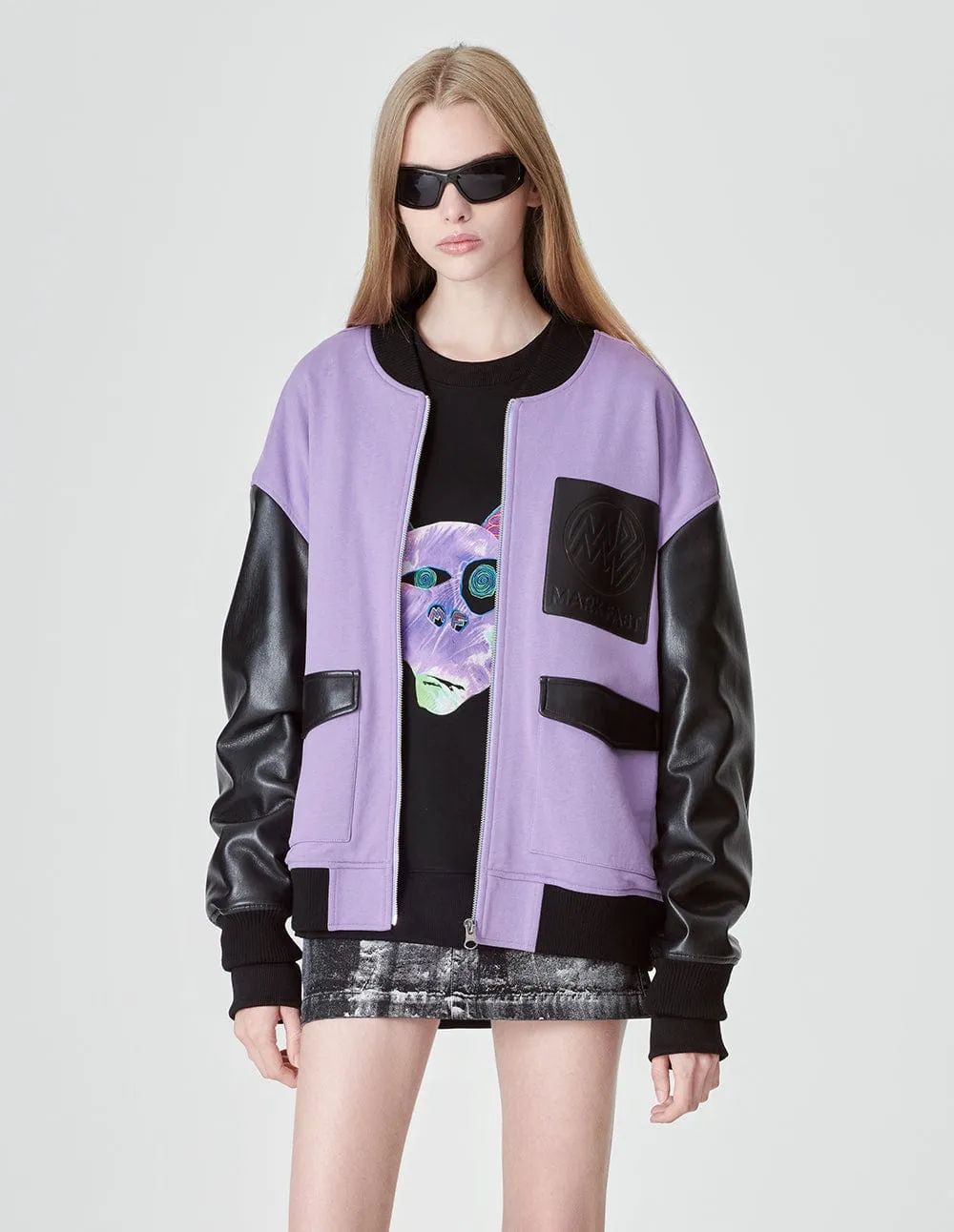 Unisex Purple Cotton And Leather Jacket