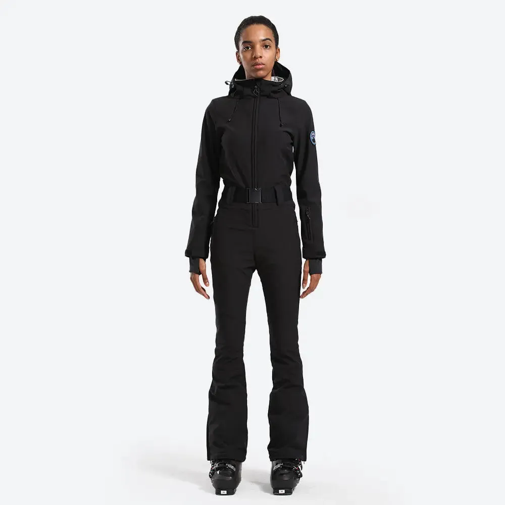 Women Hooded One Piece Ski Jumpsuits Belted Slim Fit Snowsuits Top Level