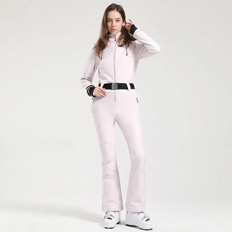 Women Hooded One Piece Ski Jumpsuits Belted Slim Fit Snowsuits Top Level