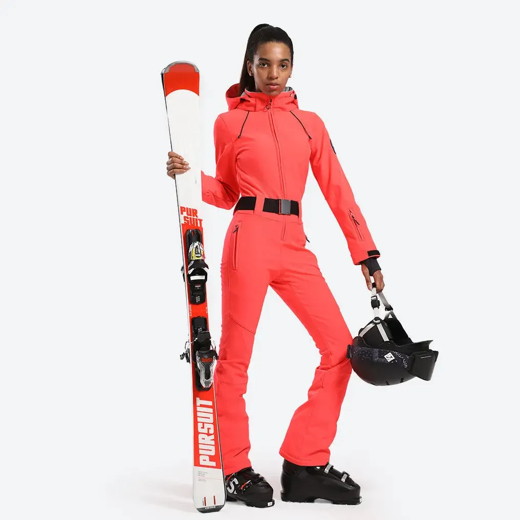 Women Hooded One Piece Ski Jumpsuits Belted Slim Fit Snowsuits Top Level