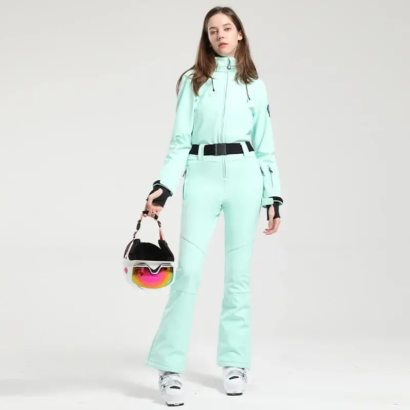 Women Hooded One Piece Ski Jumpsuits Belted Slim Fit Snowsuits Top Level