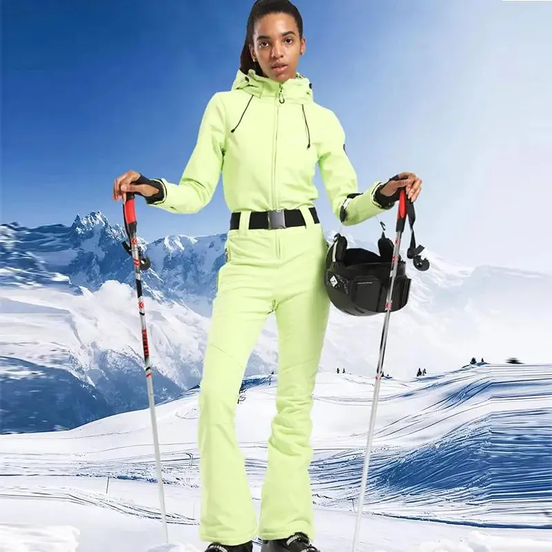 Women Hooded One Piece Ski Jumpsuits Belted Slim Fit Snowsuits Top Level