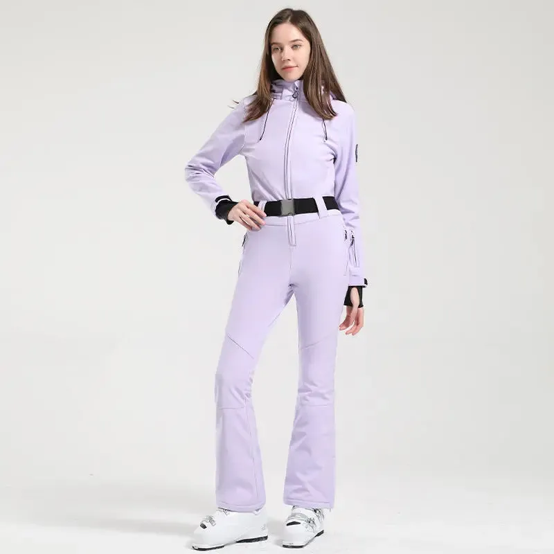 Women Hooded One Piece Ski Jumpsuits Belted Slim Fit Snowsuits Top Level