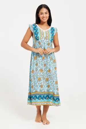 Womens Blue Printed Nightgown