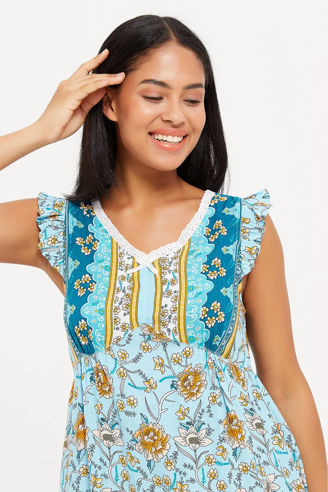 Womens Blue Printed Nightgown