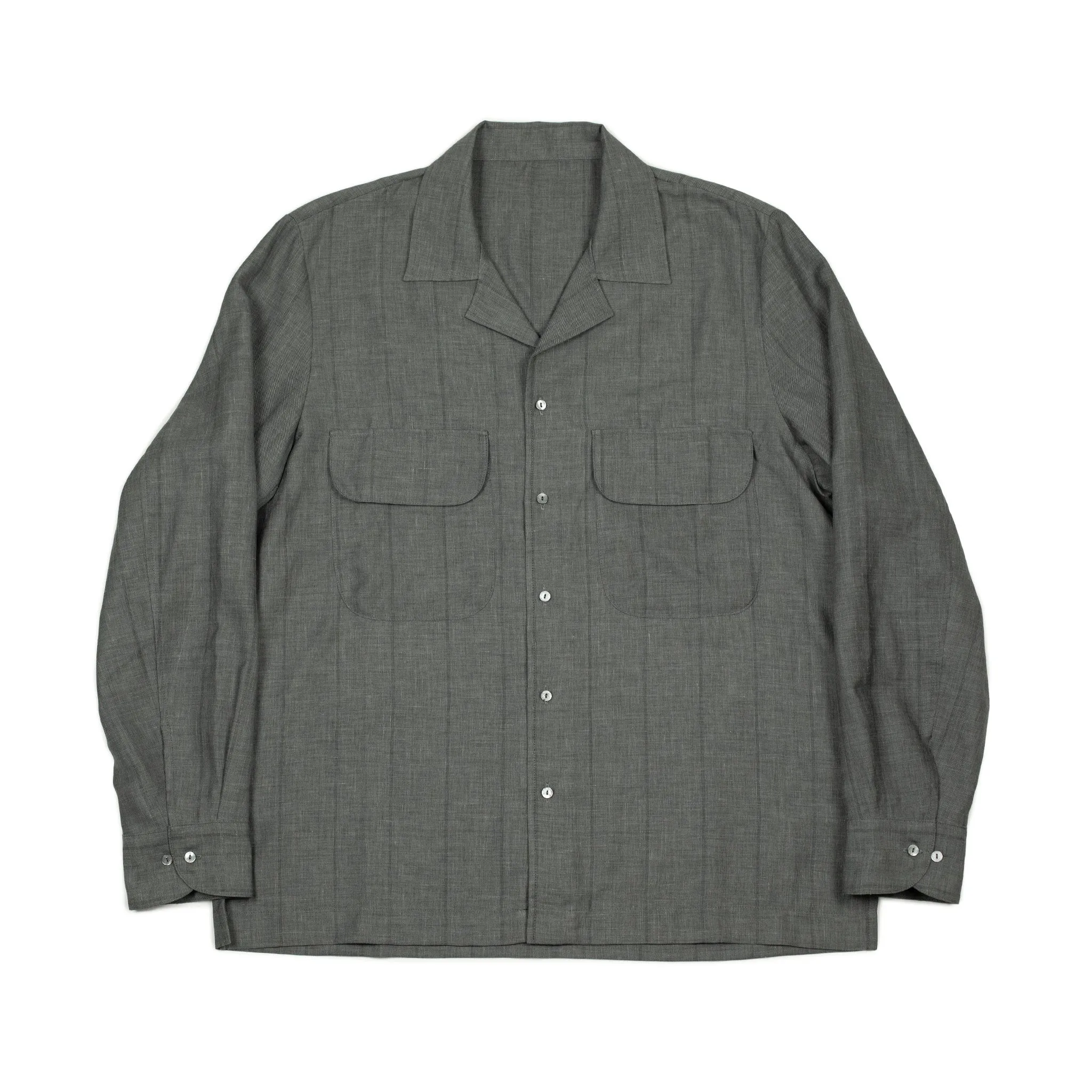 x No Man Walks Alone: Long sleeve camp shirt in deadstock grey striped wool, linen, silk