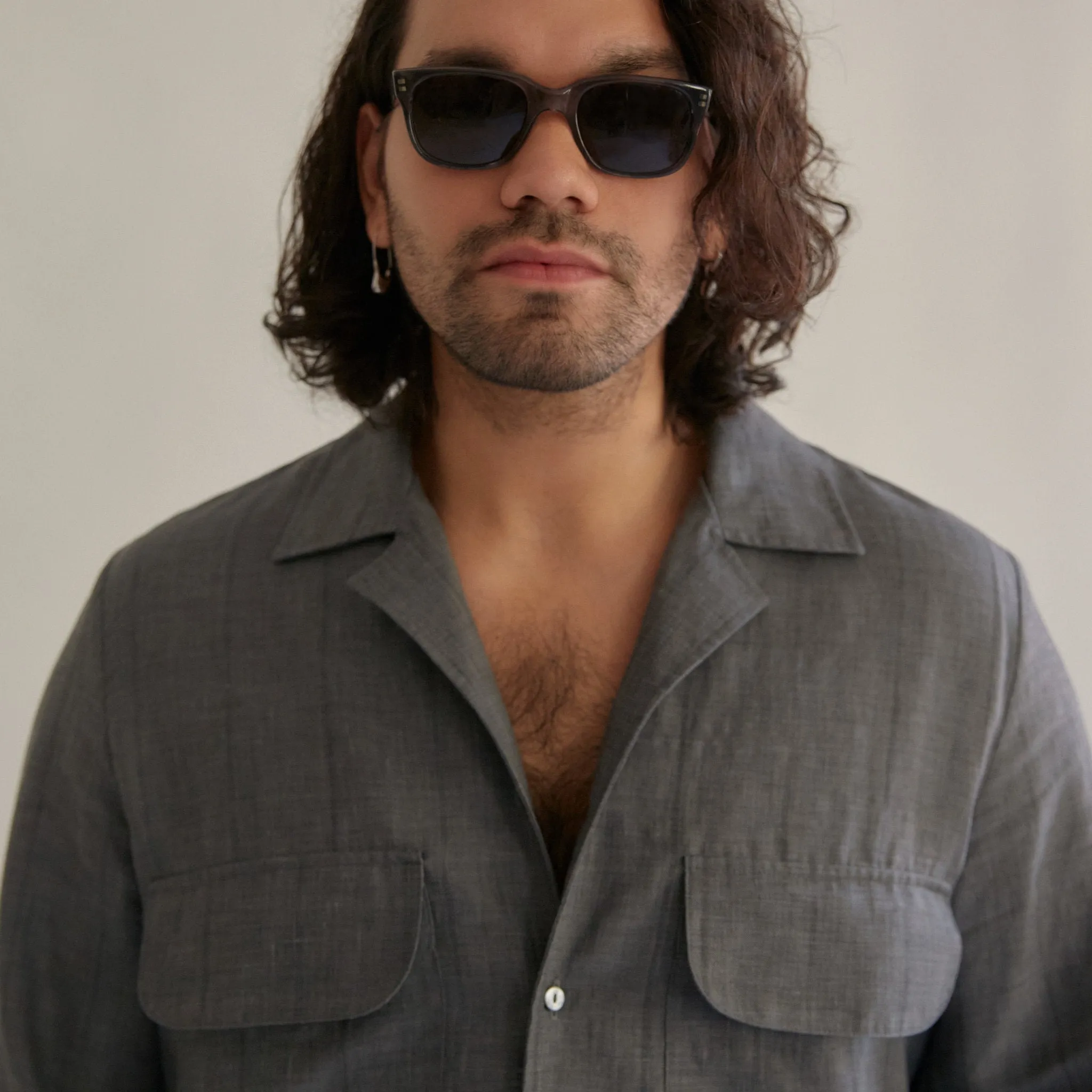 x No Man Walks Alone: Long sleeve camp shirt in deadstock grey striped wool, linen, silk